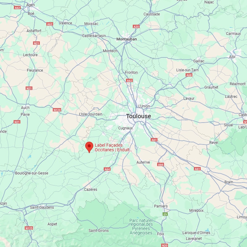 Carte de la région Occitanie, France, affichant Toulouse et un marqueur pour Label Façades Occitanes | Enduit... au sud-ouest.